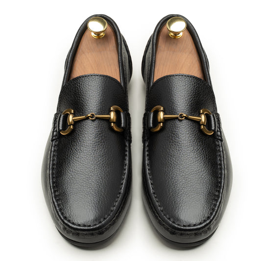 SAMAS Leather Classic Black Leather Horsebit Loafers