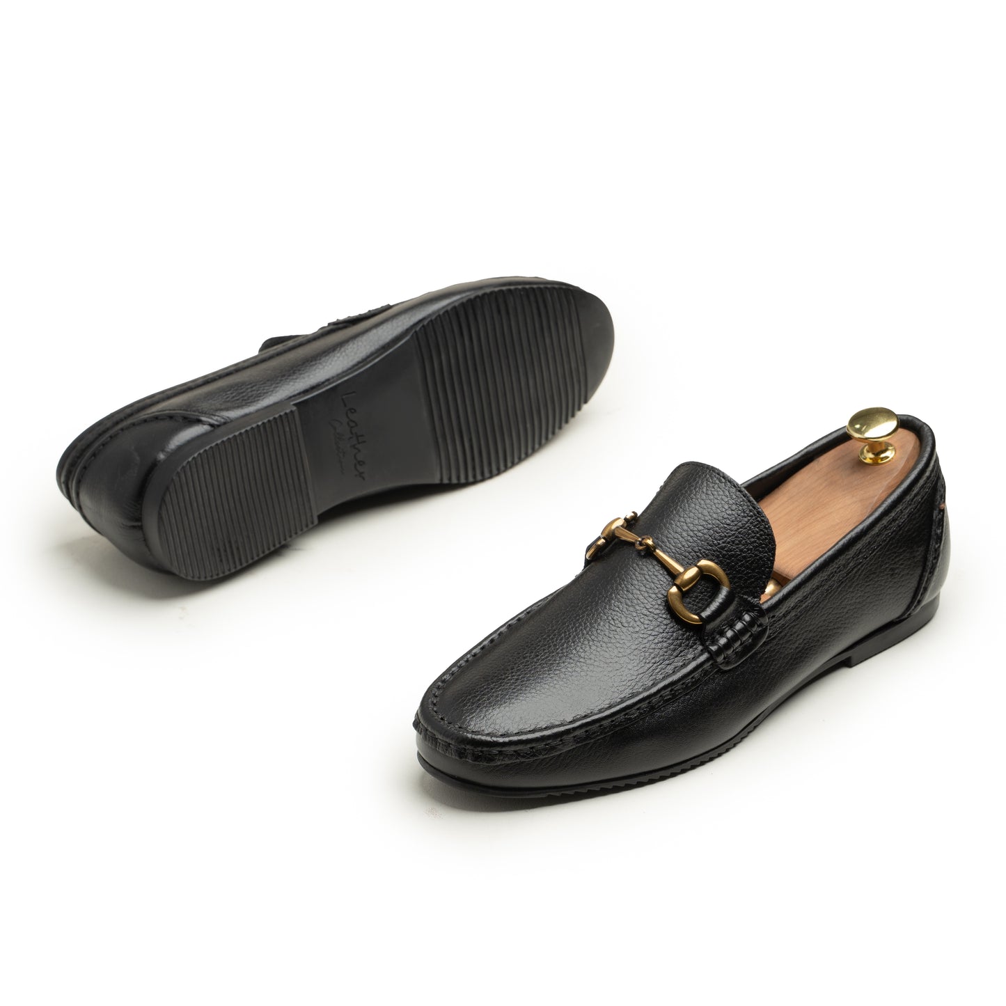SAMAS Leather Classic Black Leather Horsebit Loafers