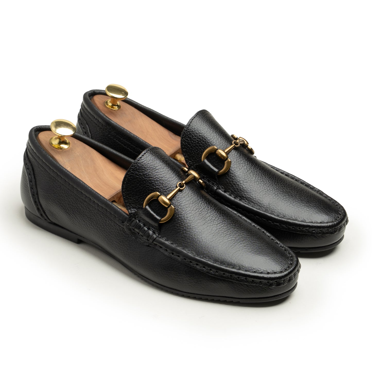 SAMAS Leather Classic Black Leather Horsebit Loafers